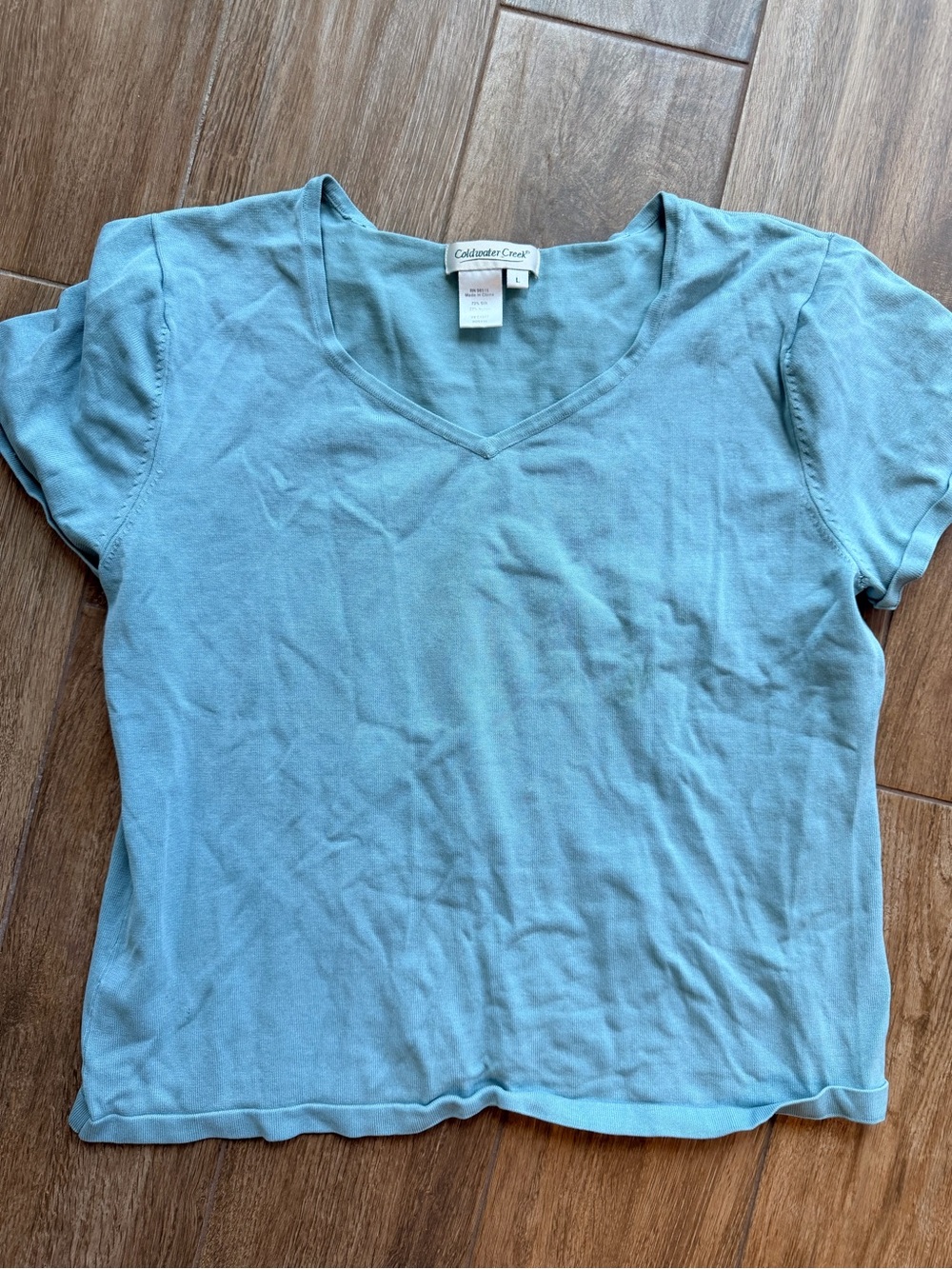 Coldwater Creek silk Women's Sky Blue V-Neck Short Sleeve Tee